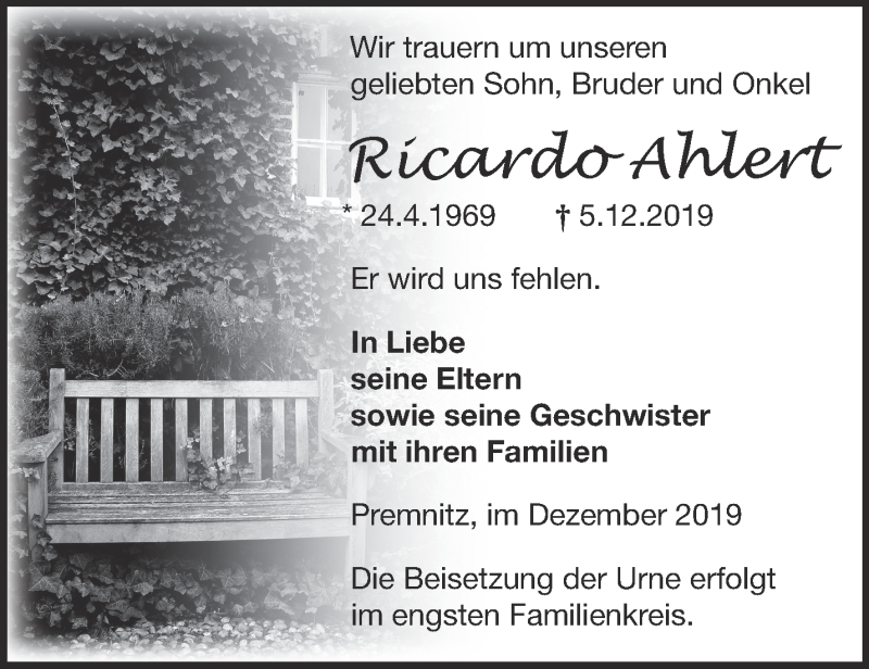  Traueranzeige für Ricardo Ahlert vom 15.12.2019 aus Märkische Oderzeitung