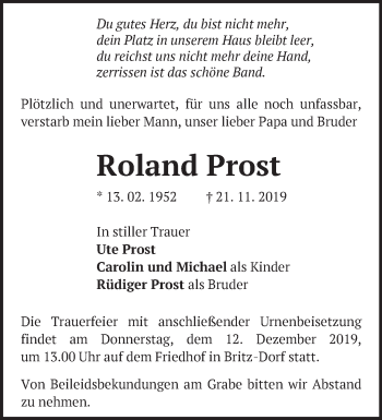 Traueranzeige von Roland Prost von Märkische Oderzeitung