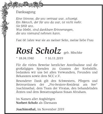 Traueranzeige von Rosi Scholz von Märkische Oderzeitung