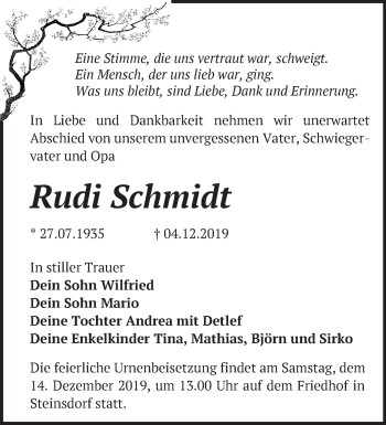 Traueranzeige von Rudi Schmidt von Märkische Oderzeitung