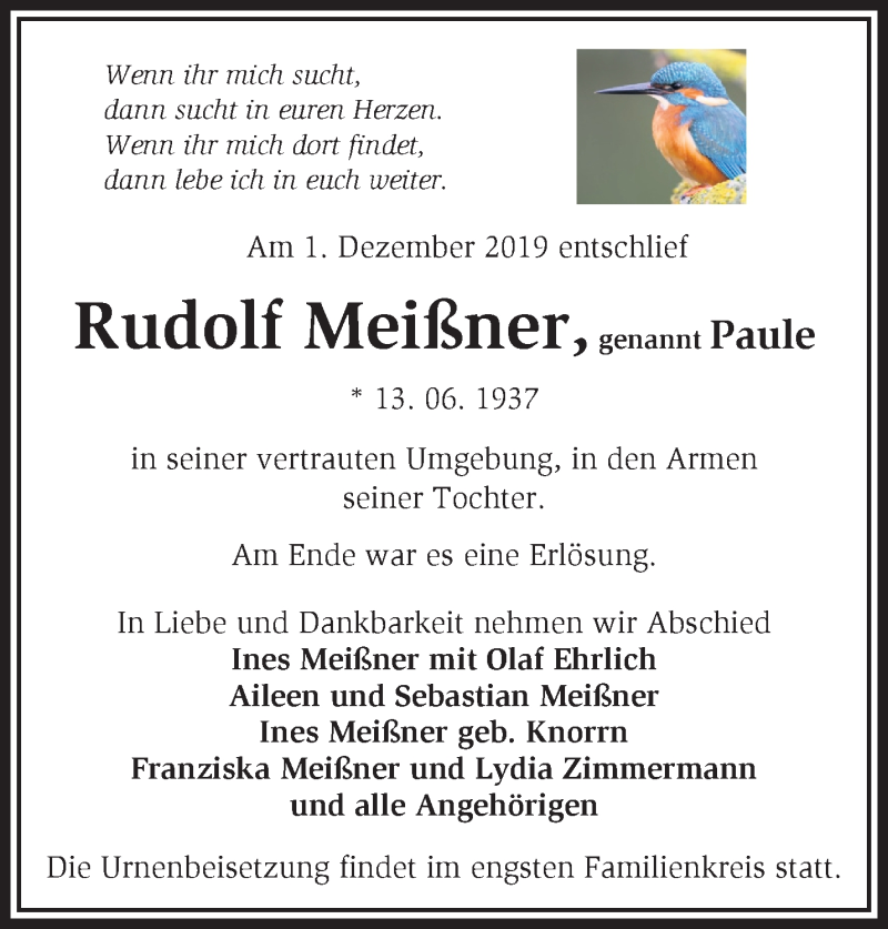  Traueranzeige für Rudolf Meißner vom 14.12.2019 aus Märkische Oderzeitung