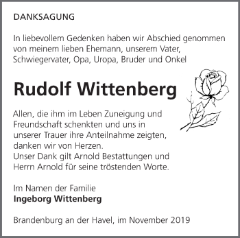 Traueranzeige von Rudolf Wittenberg von Märkische Oderzeitung