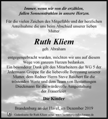 Traueranzeige von Ruth Kliem von Märkische Oderzeitung