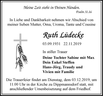 Traueranzeige von Ruth Lüdecke von Märkische Oderzeitung