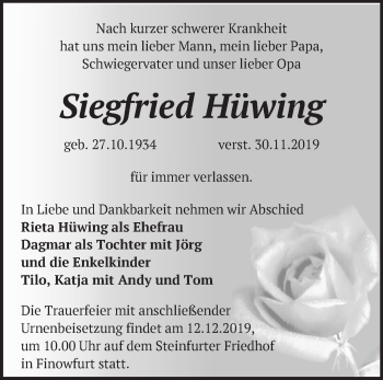 Traueranzeige von Siegfried Hüwing von Märkische Oderzeitung