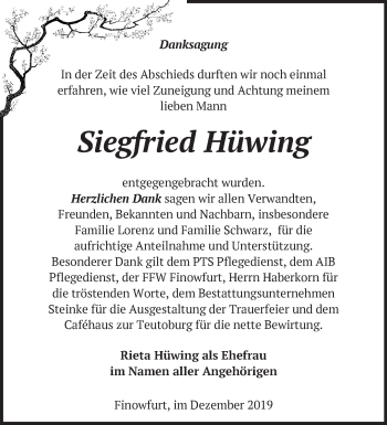 Traueranzeige von Siegfried Hüwing von Märkische Oderzeitung