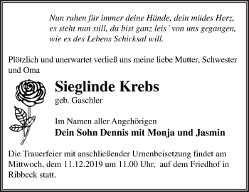 Traueranzeige von Sieglinde Krebs von Märkische Oderzeitung