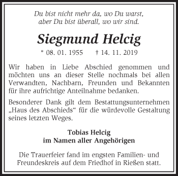 Traueranzeige von Siegmund Helcig von Märkische Oderzeitung