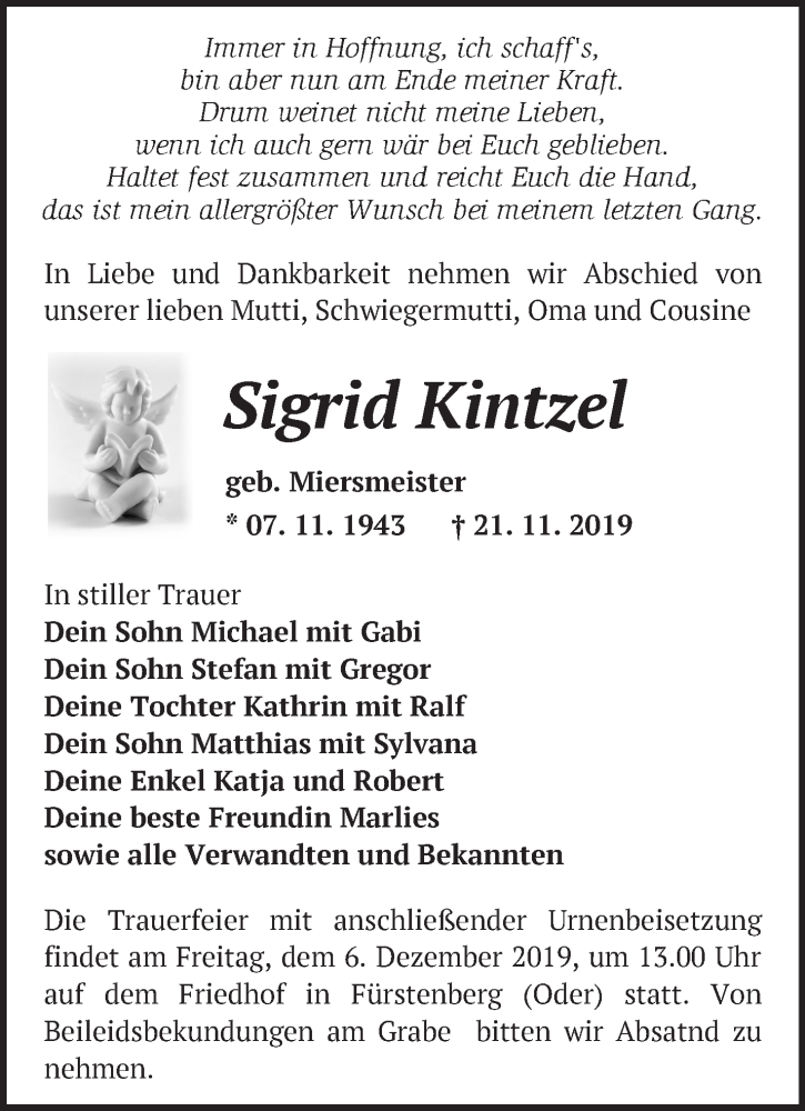  Traueranzeige für Sigrid Kintzel vom 01.12.2019 aus Märkische Oderzeitung