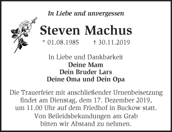 Traueranzeige von Steven Machus von Märkische Oderzeitung