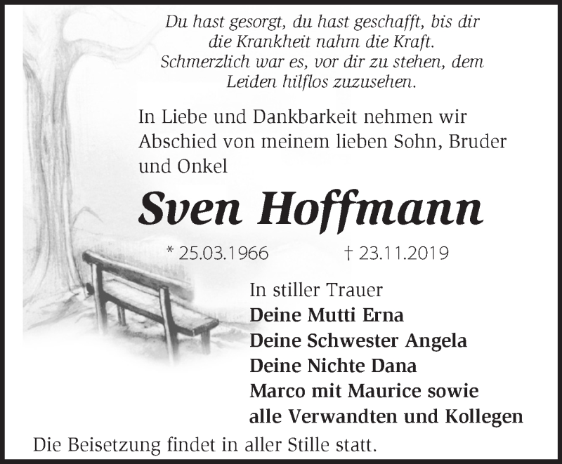  Traueranzeige für Sven Hoffmann vom 30.11.2019 aus Märkische Oderzeitung