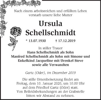 Traueranzeige von Ursula Schellschmidt von Märkische Oderzeitung