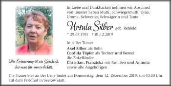 Traueranzeige von Ursula Silber von Märkische Oderzeitung