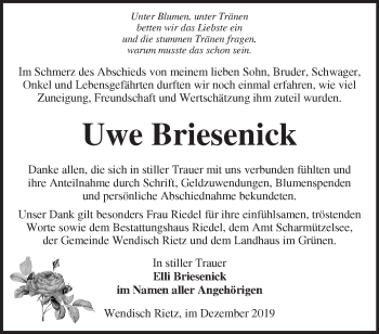 Traueranzeige von Uwe Briesenick von Märkische Oderzeitung