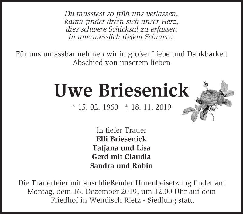  Traueranzeige für Uwe Briesenick vom 30.11.2019 aus Märkische Oderzeitung