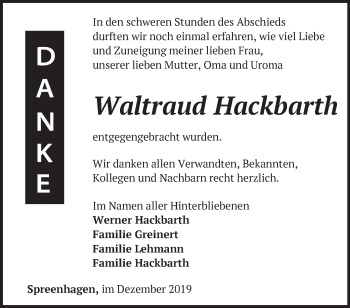 Traueranzeige von Waltraud Hackbarth von Märkische Oderzeitung