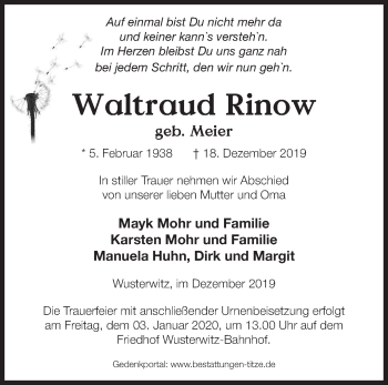 Traueranzeige von Waltraud Rinow von Märkische Oderzeitung