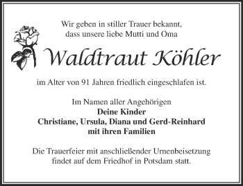 Traueranzeige von Waltraut Köhler von Märkische Oderzeitung