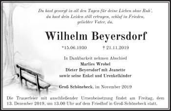 Traueranzeige von Wilhelm Beyersdorf von Märkische Oderzeitung