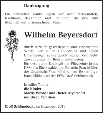 Traueranzeige von Wilhelm Beyersdorf von Märkische Oderzeitung