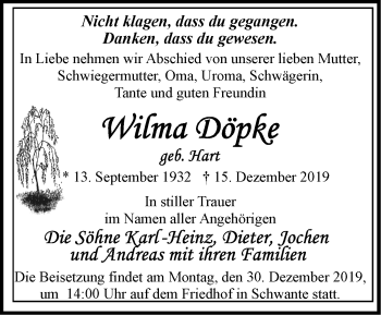 Traueranzeige von Wilma Döpke von Märkische Oderzeitung