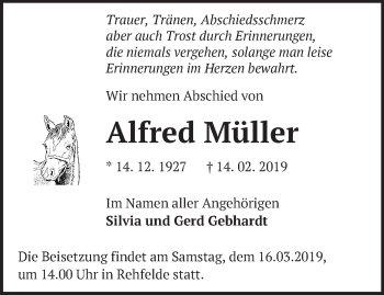 Traueranzeige von Alfred Müller von Märkische Oderzeitung