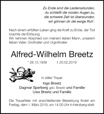 Traueranzeige von Alfred-Wilhelm Breetz von Märkische Oderzeitung