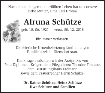 Traueranzeige von Alruna Schütze von Märkische Oderzeitung