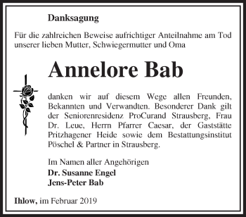 Traueranzeige von Annelore Bab von Märkische Oderzeitung