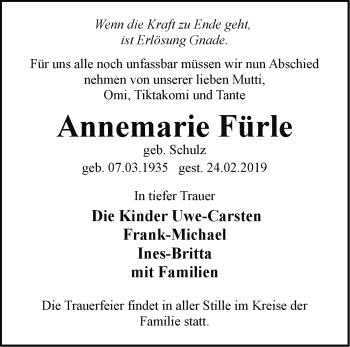 Traueranzeige von Annemarie Fürle von Märkische Oderzeitung