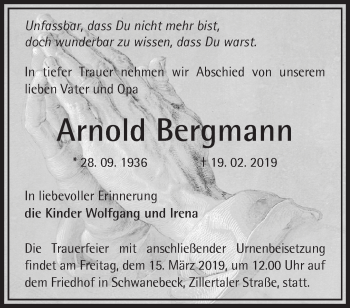 Traueranzeige von Arnold Bergmann von Märkische Oderzeitung