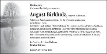 Traueranzeige von August Birkholz von Märkische Oderzeitung