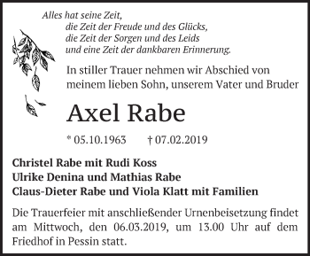 Traueranzeige von Axel Rabe von Märkische Oderzeitung