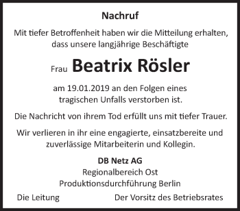 Traueranzeige von Beatrix Rösler von Märkische Oderzeitung