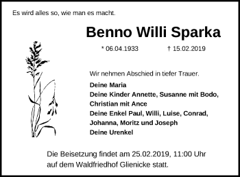 Traueranzeige von Benno Willi Sparka von Märkische Oderzeitung