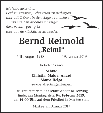 Traueranzeige von Bernd Reimold von Märkische Oderzeitung