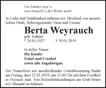 Traueranzeige von Berta Weyrauch von Märkische Oderzeitung