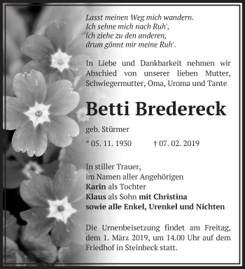 Traueranzeige von Betti Bredereck von Märkische Oderzeitung