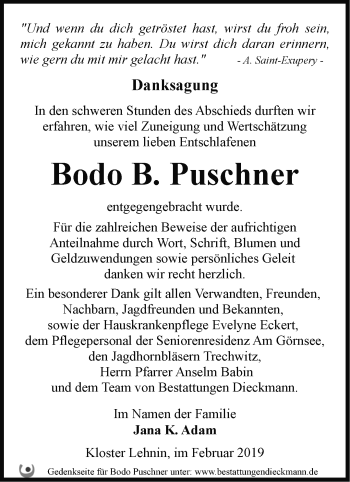 Traueranzeige von Bodo B. Puschner von Märkische Oderzeitung