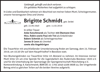 Traueranzeige von Brigitte Schmidt von Märkische Oderzeitung