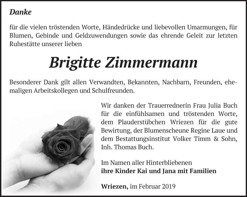  Traueranzeige für Brigitte Zimmermann vom 16.02.2019 aus Märkische Oderzeitung