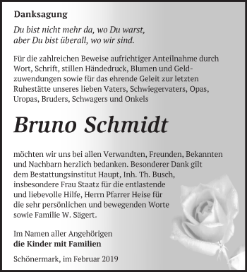 Traueranzeige von Bruno Schmidt von Märkische Oderzeitung