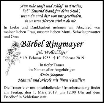 Traueranzeige von Bärbel Ringmayer von Märkische Oderzeitung