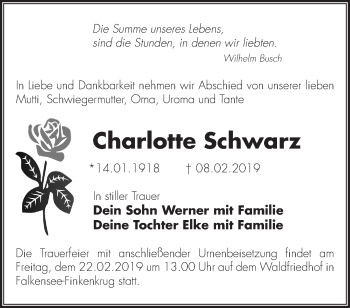 Traueranzeige von Charlotte Schwarz von Märkische Oderzeitung