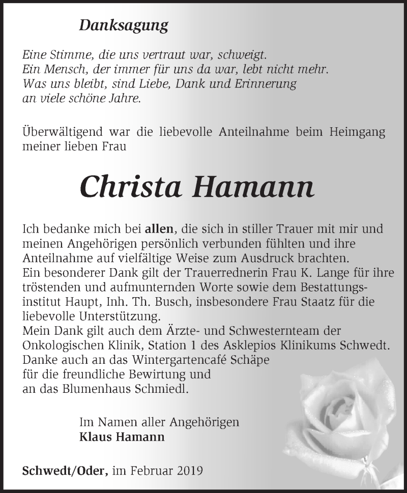Traueranzeigen Von Christa Hamann Märkische Onlinezeitung Trauerportal 
