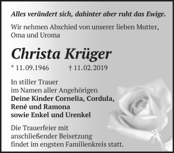 Traueranzeige von Christa Krüger von Märkische Oderzeitung