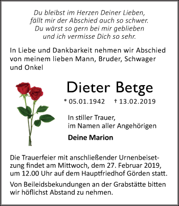 Traueranzeige von Dieter Betge von Märkische Oderzeitung