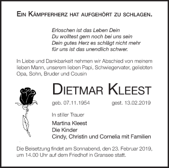 Traueranzeige von Dietmar Kleest von Märkische Oderzeitung