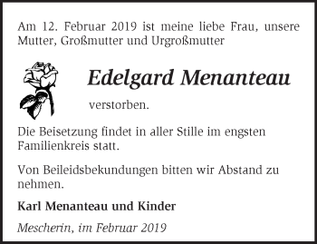 Traueranzeige von Edelgard Menanteau von Märkische Oderzeitung