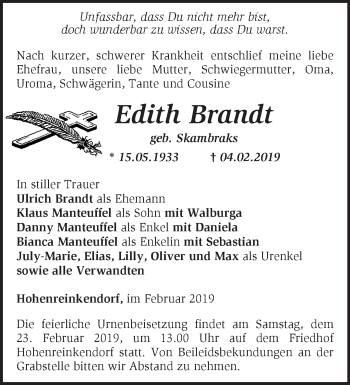 Traueranzeige von Edith Brandt von Märkische Oderzeitung